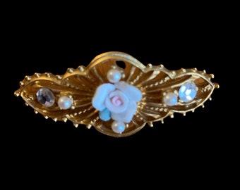 Vintage Brooch , Pin , Gold Metal , Rose , Faux Pearls