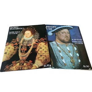 Reine Elizabeth I, roi Henry VIII, épouses, livres Ellerophon, 1972, poupées en papier, livres à colorier, royalties