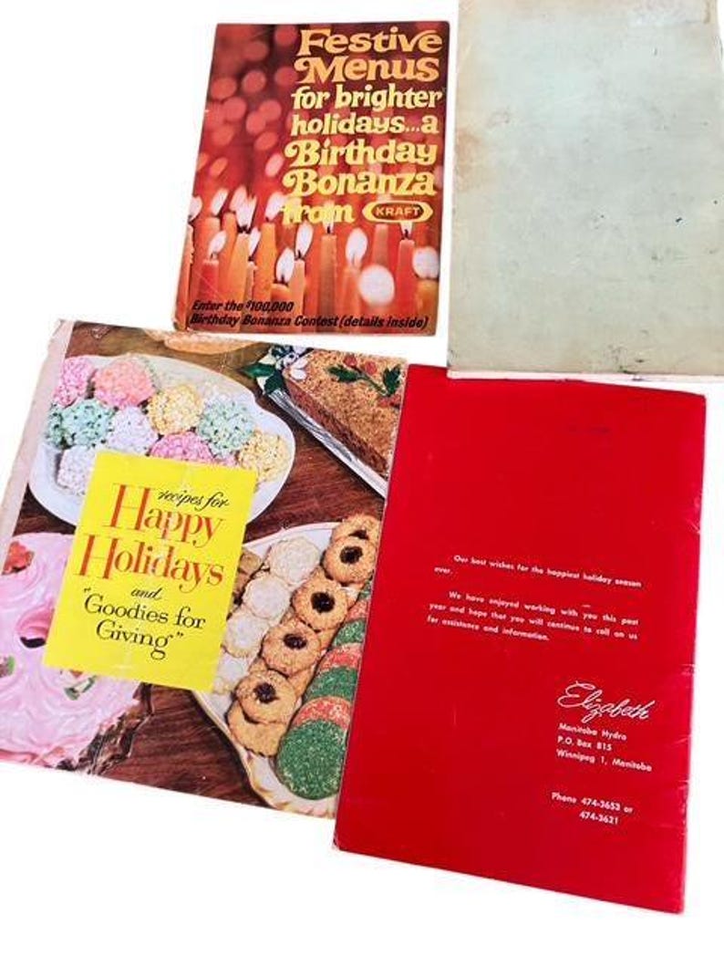 May include: A collection of vintage cookbooks and menus. One cookbook cover reads "Festive Menus for brighter holidays...a Birthday Bonanza from KRAFT." Another reads "Recipes for Happy Holidays and Goodies for Giving."