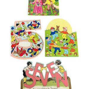 May include: A collection of vintage birthday cards. One card features the number eight with a princess and a man in a forest. Another card shows the number five with birds and children. A third card has the number seven with children and the text "To Someone Who Is Seven!"