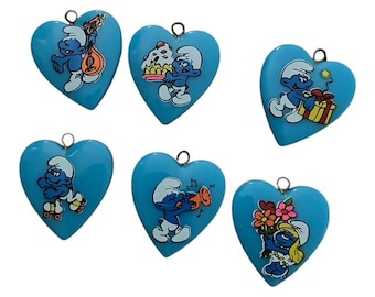 Vintage Smurf Heart Pendants, Rare Necklace Charms, Lot of 6