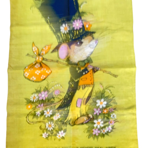 1970s ,Vintage , Linen Towel , UK , Chris Bash , Rare , Cotton Linen , Hand Printed ,  Retro , MCM ,Hitchhiking , Hobo Mouse ,flowers