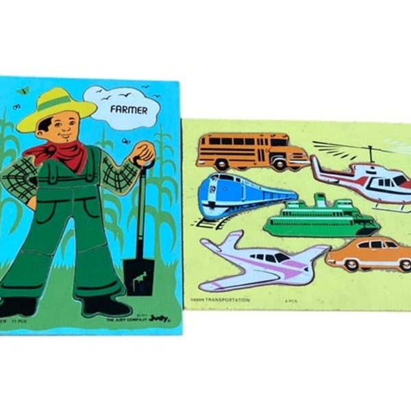 Vintage, 1974, Judy Puzzles , Judy Company ,FARMER , Transportation ,WOOD puzzles Lot