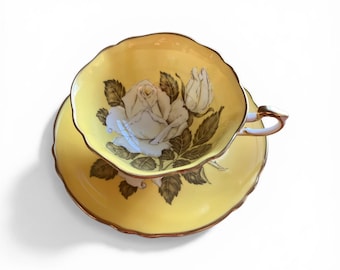 Rare , Paragon, Teacup, Saucer , Floating White Cabbage on Yellow