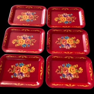 6 , Small , Tole Painted , Red , Trays , Tin Metal , Small Trays , Tin Trays , Painted Trays