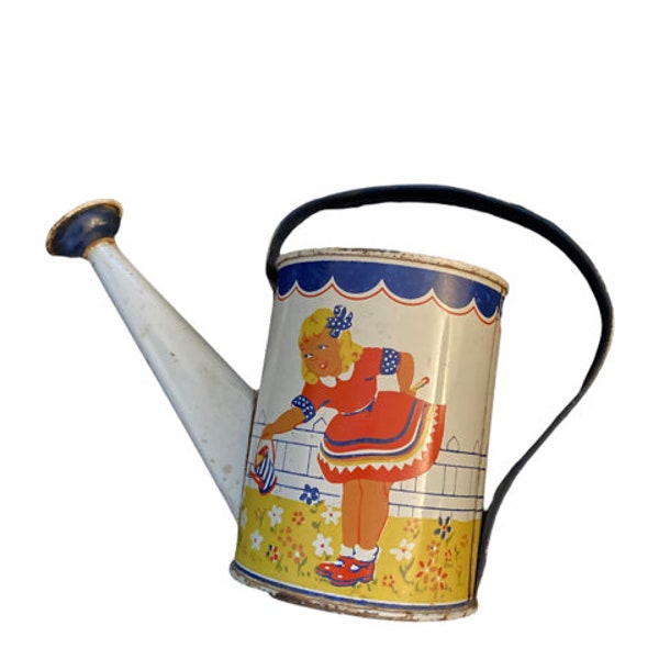 Vintage , Tin Litho , Watering Can , Girl