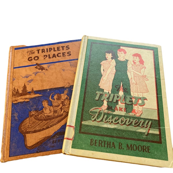 1945 , 1954 , Sunday School Prizes , The Triplets , 2 Vintage Books , Bertha B Moore  ,Hard Cover Books