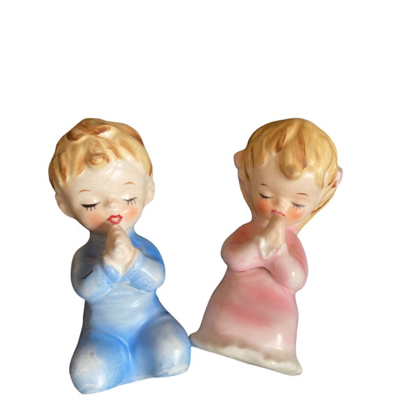 1950s -60s , Lefton Exclusives , Made in Japan , Boy , Girl , Pink , Blue , Praying children , Ceramic ,Porcelain Figurines ,4 Inches