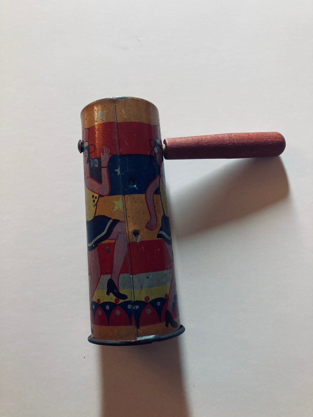 Vintage , Noisemaker, Clacker ,japan ,metal , Wood Handle ,art Deco