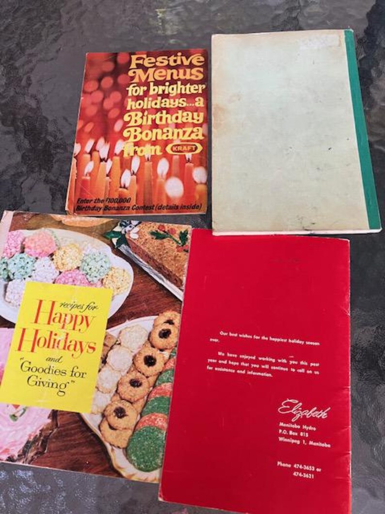 May include: A collection of vintage cookbooks and recipe booklets. One booklet features the text "Festive Menus for brighter holidays...a Birthday Bonanza from Kraft." Another reads "recipes for Happy Holidays and Goodies for Giving."