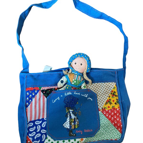 1970s Blue Calico Holly Hobbie Purse with Pocket Holly Hobbie Doll