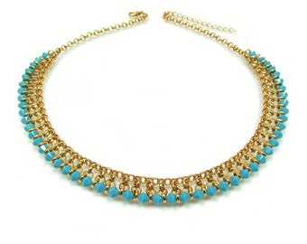 Turquoise Statement Necklace gold, Gold Egyptian Necklace, Genuine Turquoise Necklace, Turquoise bib necklace, Choker necklace Egypt