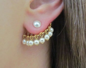 Bridal Pearl Ear Cuff, Gold Front Back Earrings, Wedding Jewelry