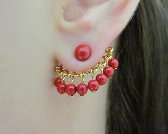 Red Coral Pearl Ear Jacket Earrings, Gold Plated