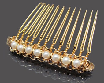 Gold pearl hair comb, Hair comb chain, Bridal hair comb vintage, Art deco hair comb