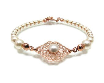 Rose gold filigree bracelet, Rose gold bridal bracelet, Rose gold and pearl bracelet, Rose Gold Bracelet Wedding, Rose Gold Jewelry bracelet