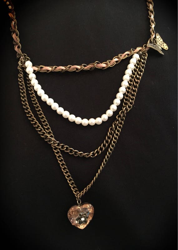 Antique Brass Finish Multistrand Heart Necklace