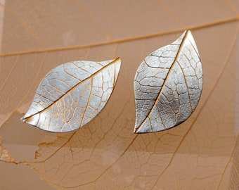 Earrings Leaf motif made of silver with fine gilding natural leaf modeled with structure of leaf veins