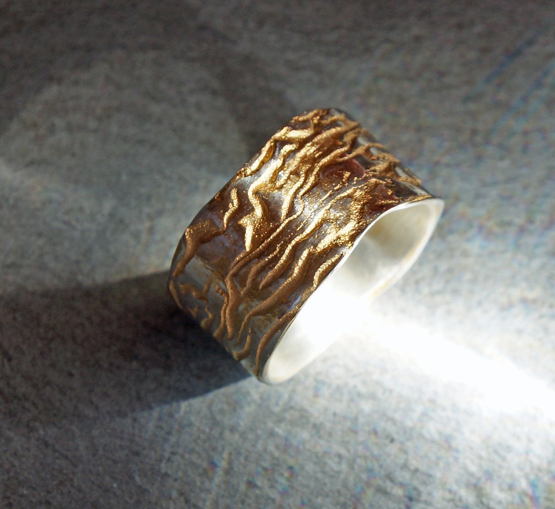Wide Silver Ring With Structure Like Labyrinth Partly Gold Plated ...