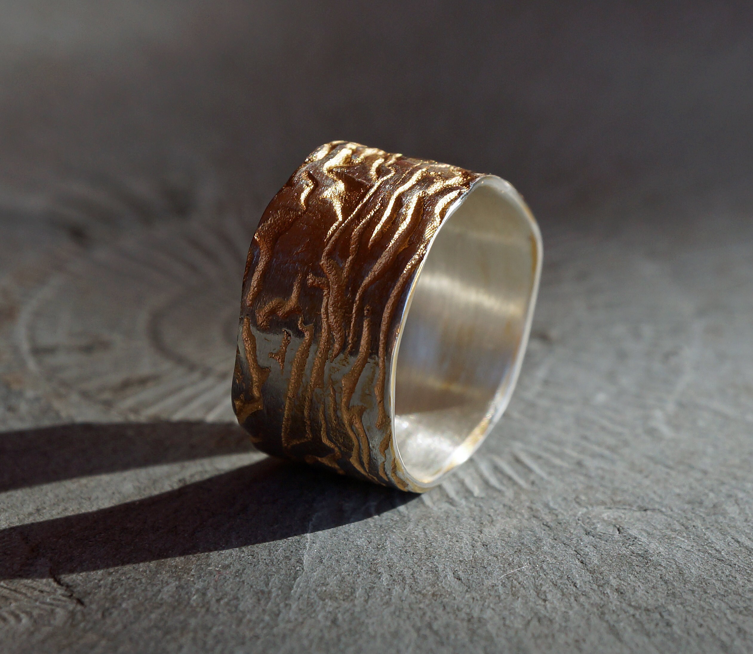 Wide Silver Ring With Structure Like Labyrinth Partly Gold Plated ...