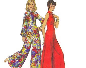 1970s Jumpsuit Sewing Pattern Bust 34 – Vintage Long Sleeve Jumpsuit, PDF Pattern Instant Download