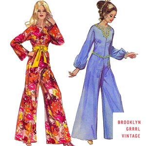 May include: Two women's vintage jumpsuit patterns. The pattern on the left is a floral print with a yellow sash. The pattern on the right is a solid blue with a gold chain belt. The text "BROOKLYN GRRRL VINTAGE" is at the bottom of the image.