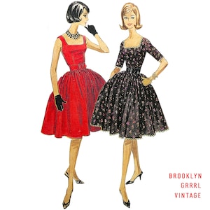 Puede incluir: Dos ilustraciones vintage de mujeres con vestidos. La mujer de la izquierda lleva un vestido rojo con un cinturón negro y la mujer de la derecha lleva un vestido negro con estampado floral y un cinturón negro. Ambas mujeres llevan guantes y zapatos negros.