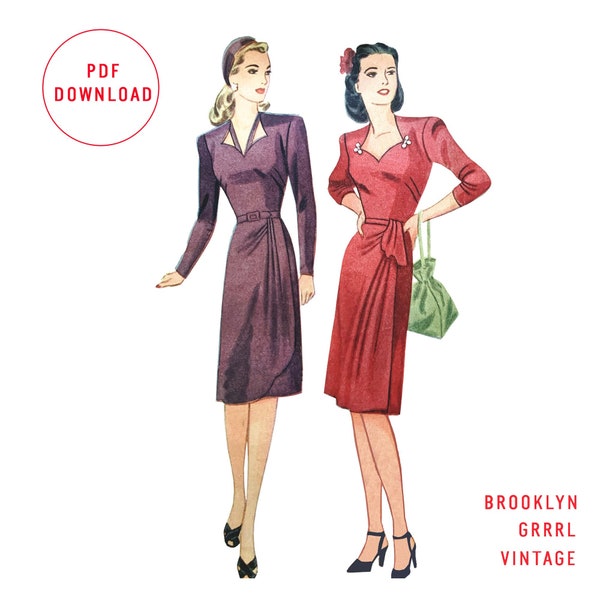 Bust 36 / PDF Pattern 40s Sweetheart Neckline Dress, Digital Sewing Pattern, Vintage 40s