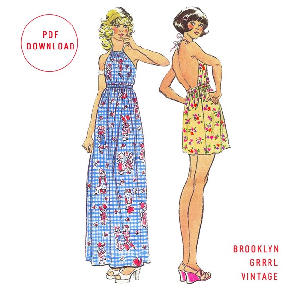 Bust 33 / PDF Pattern 70s Halter Maxi Dress and Halter Mini Dress, Digital Sewing Pattern, Vintage 70s Hippie Maxi Summer Dress