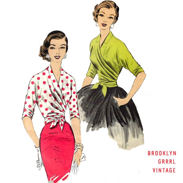 Bust 32-34 / PDF Pattern 50s Wrap Blouse, Digital Sewing Pattern, Vintage 50s