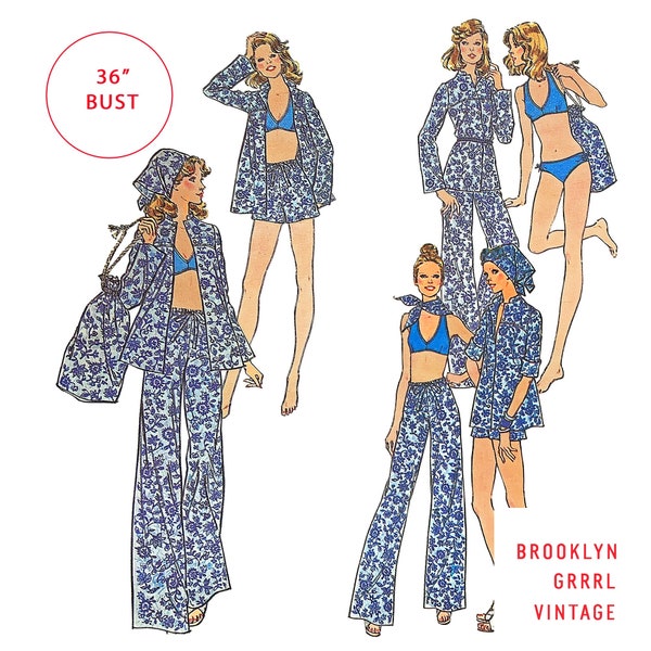 Bust 36 / PDF Pattern 70s Separates Mix and Match, 1970 Pants or Shorts, Bikini, Blouse, Scarf and Tote Bag