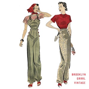Puede incluir: Dos mujeres vistiendo ropa vintage. La mujer de la izquierda lleva una camisa a rayas rojas y blancas con un pañuelo rojo y un mono verde. La mujer de la derecha lleva una camisa roja y pantalones beige. El texto "BROOKLYN GRRRL VINTAGE" está en la parte inferior de la imagen.