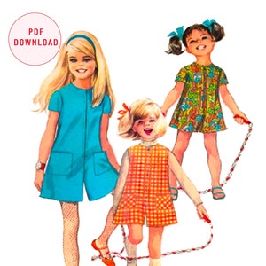 Op de afbeelding: Vintage illustratie van drie meisjes in kleurrijke jurken. Eén meisje draagt een blauwe romper, een ander een oranje geruite romper en de derde een jurk met een patroon. De tekst "PDF DOWNLOAD" en "BROOKLYN GRRRL VINTAGE" is inbegrepen.