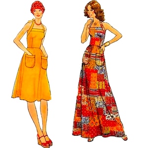 Könnte beinhalten: Zwei Kleider mit Neckholder-Ausschnitt. Das linke Kleid ist einfarbig gelb, knielang und hat zwei Vordertaschen. Das rechte Kleid ist bodenlang und mit einem mehrfarbigen Patchwork-Muster in Rot-, Orange- und Blautönen sowie zwei Taschen versehen.