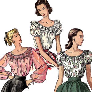Może przedstawiać: Ilustracja w stylu vintage przedstawiająca trzy bluzki. Jedna to gładka różowa bluzka z długim rękawem i marszczonym dekoltem. Pozostałe dwie to bluzki z krótkim rękawem, jedna w biały kwiatowy wzór z falbanką przy kołnierzu, druga w biały wzór.