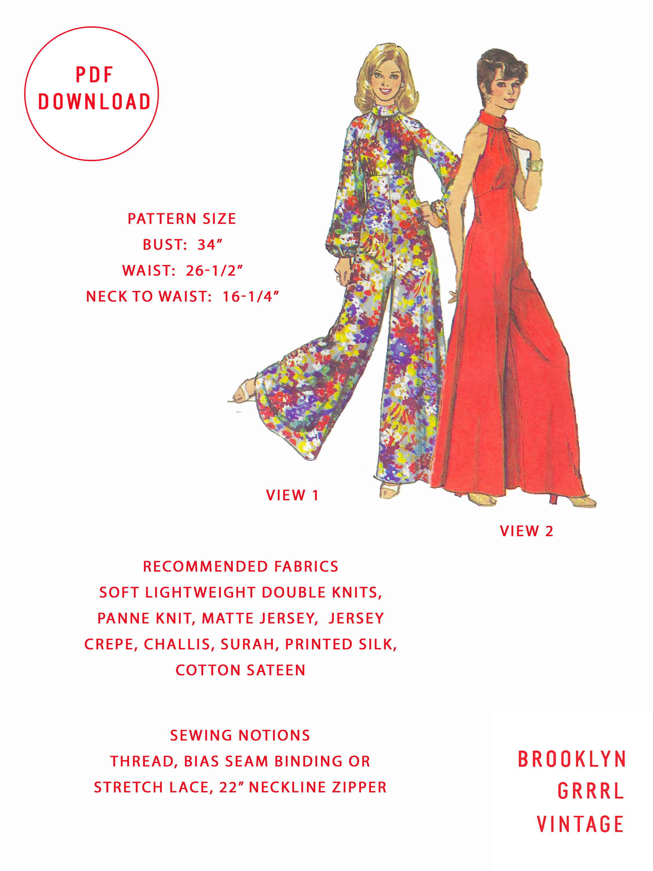 1970s Jumpsuit Pattern - Bust 34 – (PDF) - Etsy