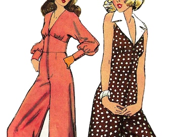 May include: A fashion illustration featuring two jumpsuits. One is a solid coral long-sleeved jumpsuit with a front zip. The other is a sleeveless brown jumpsuit with white polka dots, a white collar, and a front button fastening.