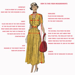 K&ouml;nnte beinhalten: Eine Vintage-Illustration, die zeigt, wie man verschiedene K&ouml;rperteile zum N&auml;hen misst. Die Illustration zeigt eine Frau in einem gelben Kleid, die eine rote Tasche h&auml;lt. Der Text enth&auml;lt Anweisungen zum Messen von Brust, Taille, H&uuml;ften, Schultern und L&auml;nge.