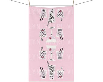 Strofinaccio ispirato agli anni '50 – Decorazione retrò per la cucina con cocktail di ciliegie rosa, strofinaccio da cucina in stile vintage