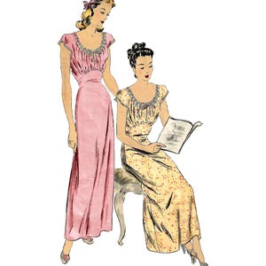May include: A vintage-style illustration of two floor-length dresses with short sleeves, scoop necklines, and gathered bodices. One dress is solid pink, while the other is yellow with a small red floral pattern. Both feature lace trim at the neck.