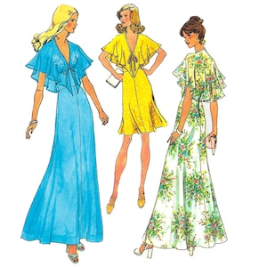 Pode incluir: Três vestidos com mangas esvoaçantes e decotes em V profundos. Um é um vestido longo azul liso, um é um vestido amarelo até o joelho com bolinhas brancas e um é um vestido longo branco com um padrão floral verde e rosa.