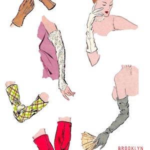 May include: Vintage illustration of various gloves. Includes brown leather gloves, white lace gloves, green plaid elbow-length gloves, red mittens, and long grey gloves. The image also includes a woman wearing white gloves and a pearl necklace. Text: Brooklyn Grrrl Vintage.