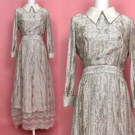 60s/70s Vintage Silver Metallic Dress with White C