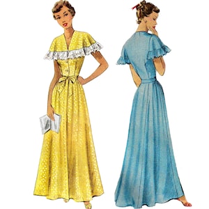 Puede incluir: Ilustración de dos vestidos vintage. Uno es amarillo con lunares blancos, un cuello con volantes y un cinturón a juego. El otro es un vestido azul claro con mangas con volantes y un cinturón. Ambos vestidos son largos.