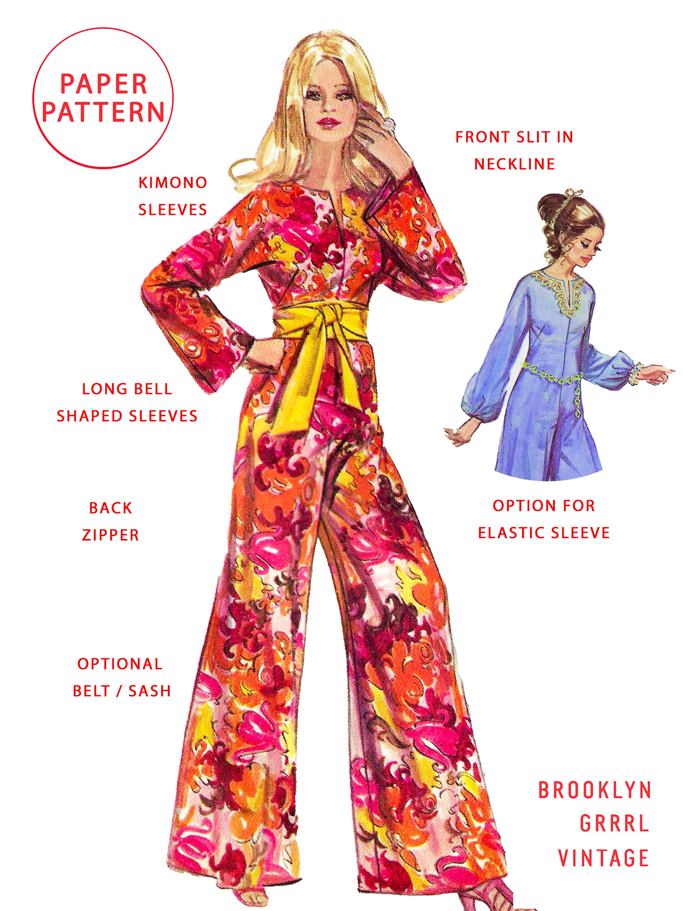 Bust 36 / PAPER Pattern 70s Jumpsuit With Kimono Sleeves - Etsy