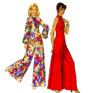 May include: Two jumpsuits are displayed. The first is a long-sleeved jumpsuit with a high neckline and a vibrant, multi-colored floral pattern. The second is a sleeveless, solid red jumpsuit featuring a high halter-style neckline.