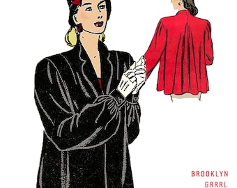 May include: A fashion illustration of a black blazer with long sleeves and a collar, shown from the front, and a red blazer shown from the back. The illustration includes a red bow hair accessory and the text BROOKLYN GRRRL VINTAGE in red.