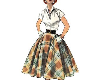 Puede incluir: Ilustración vintage de una mujer con una blusa blanca de manga corta y una falda a cuadros. La falda presenta un patrón de cuadros marrón, amarillo y verde. Un cinturón negro ciñe la cintura. La mujer lleva guantes blancos y tiene el pelo rojo.