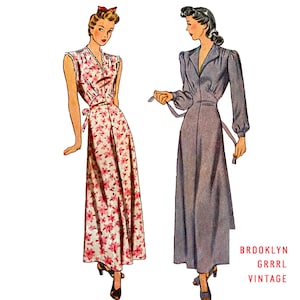 Może przedstawiać: Dwa vintage'owe wzory szycia sukienek. Wzór po lewej stronie to sukienka w kwiatowy wzór z dekoltem w kształcie litery V i wiązaniem w talii. Wzór po prawej stronie to jednokolorowa niebieska sukienka z dekoltem w kształcie litery V i długimi rękawami. Tekst na dole obrazu brzmi "BROOKLYN GRRRL VINTAGE".