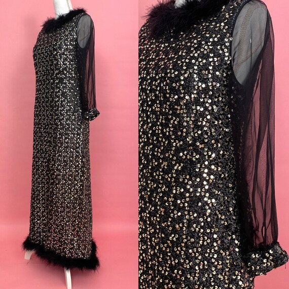 60s Vintage Black Dress with Feather Trim/ 1960s S